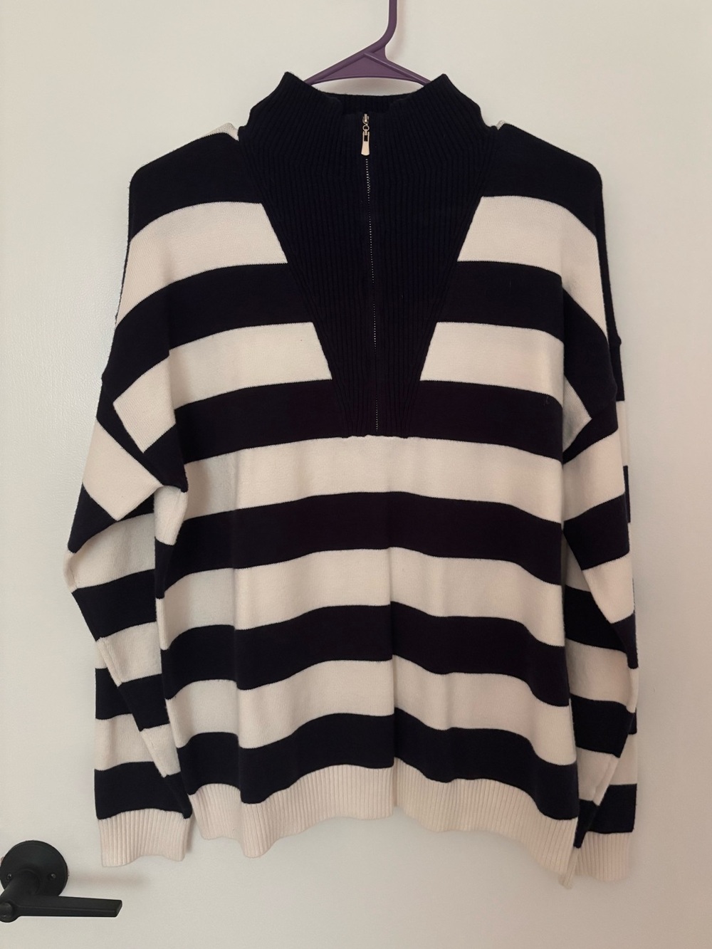 Navy and crème striped sweater zip up